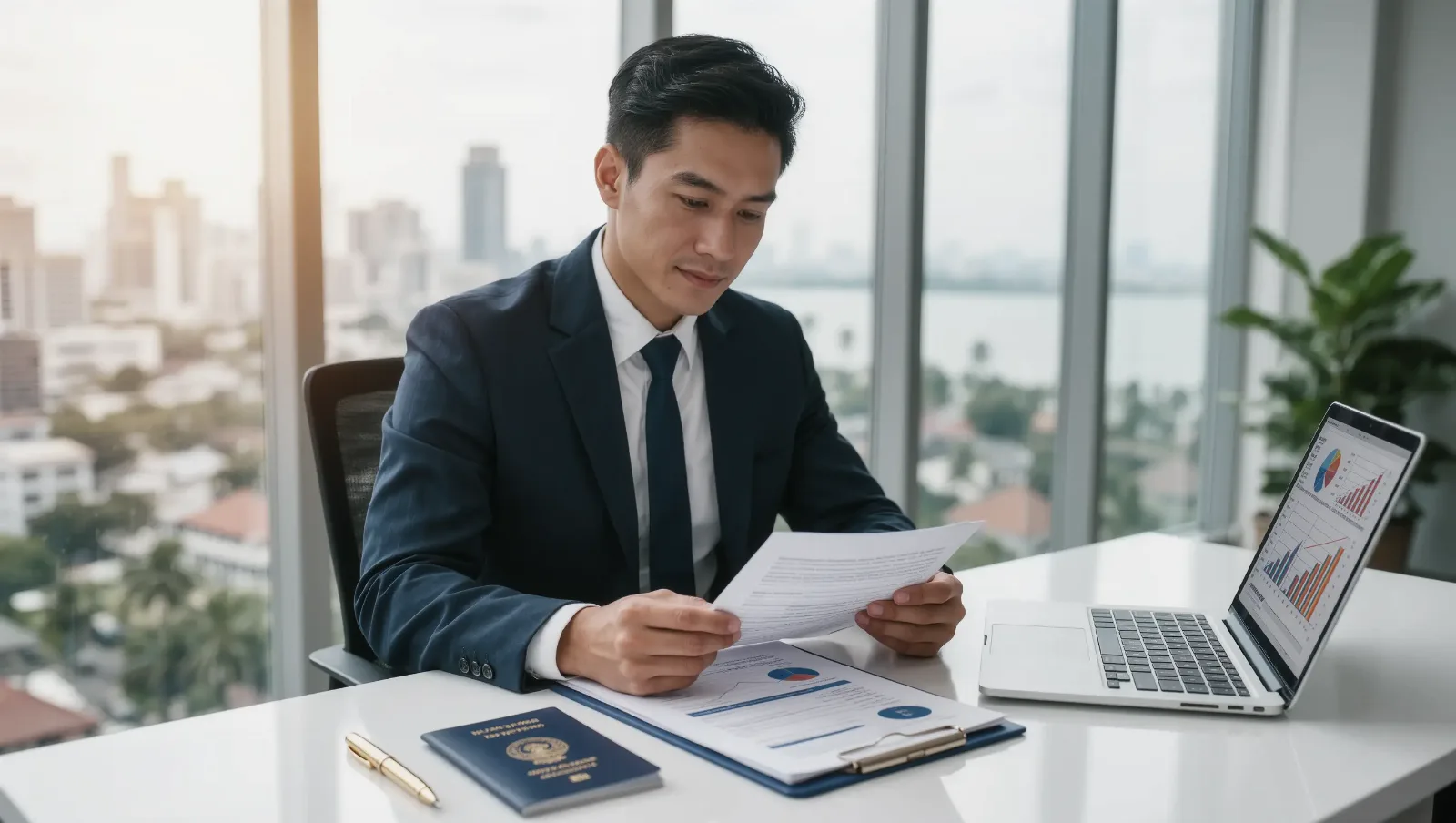 Visa consultant reviewing investor visa documents and a passport at a desk