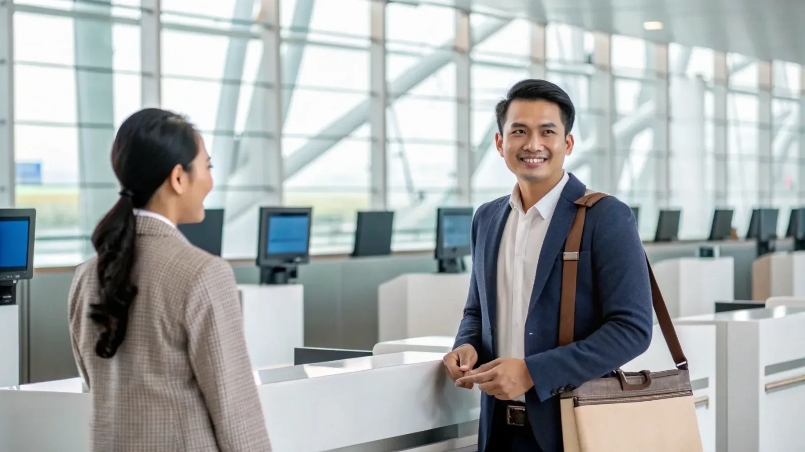 Visa agent greeting a traveller at an airport service desk