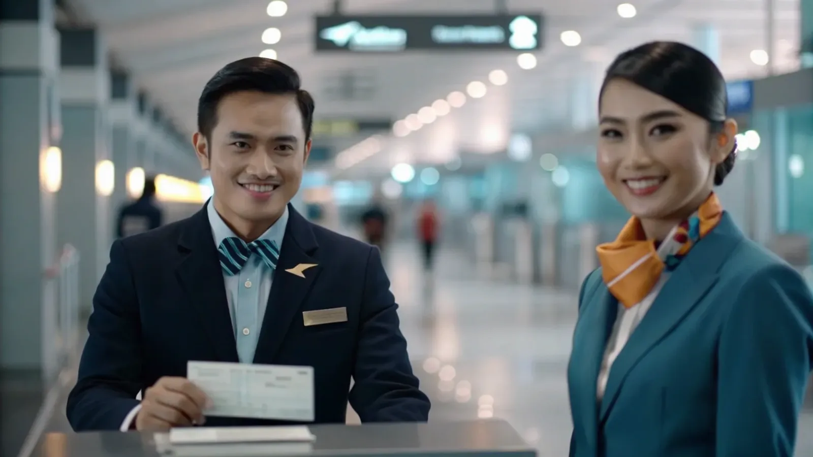 Smiling service staff holding travel documents at an airport counter