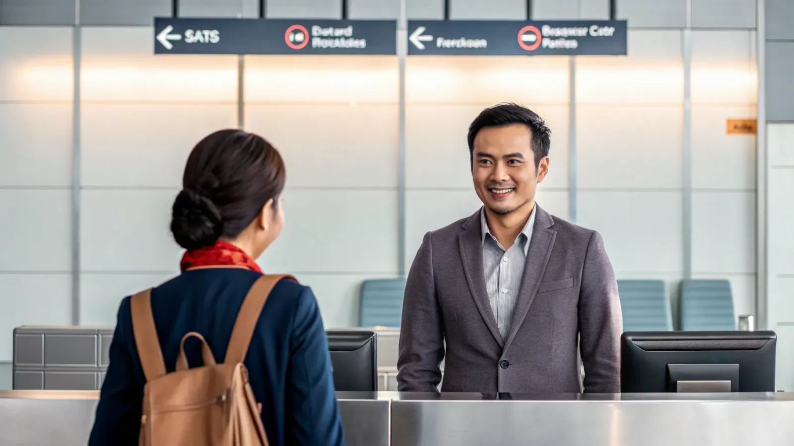 Friendly agent greeting a traveller at a service counter