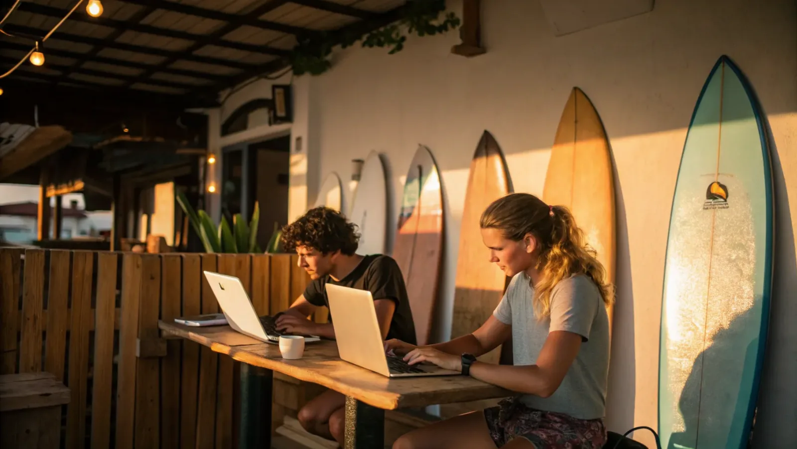 Two digital nomads working on laptops at a surf cafe in Bali