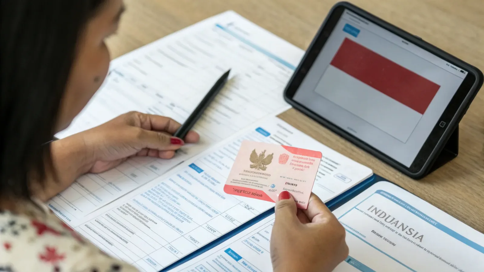 Visa specialist reviewing KITAS application forms and an ID card