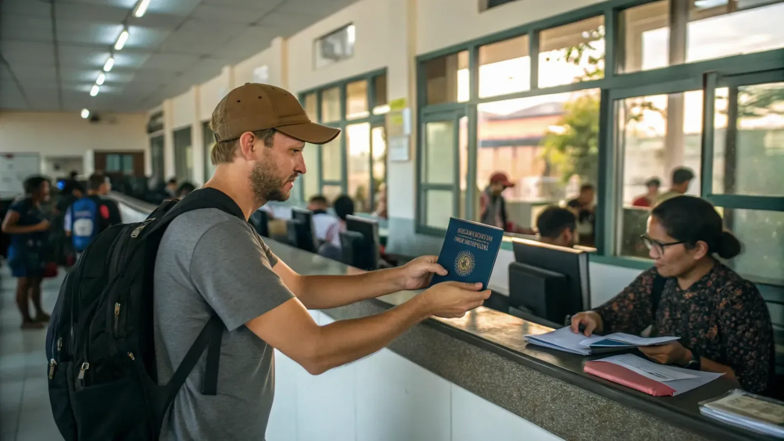 Traveller handing a passport to an officer at an immigration counter