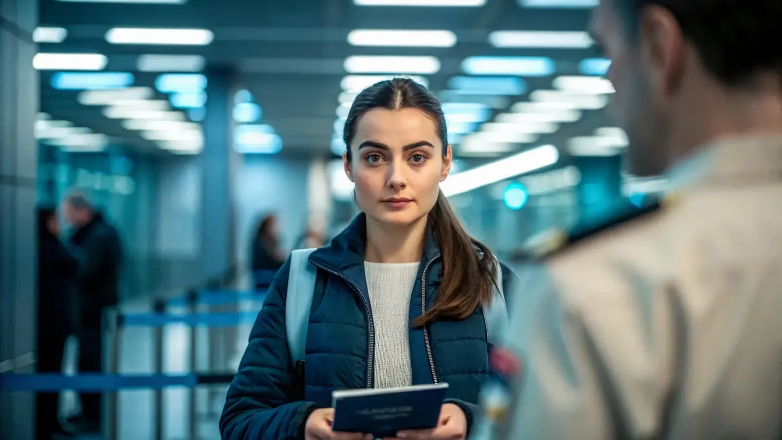 Foreign traveller holding a passport at an immigration checkpoint