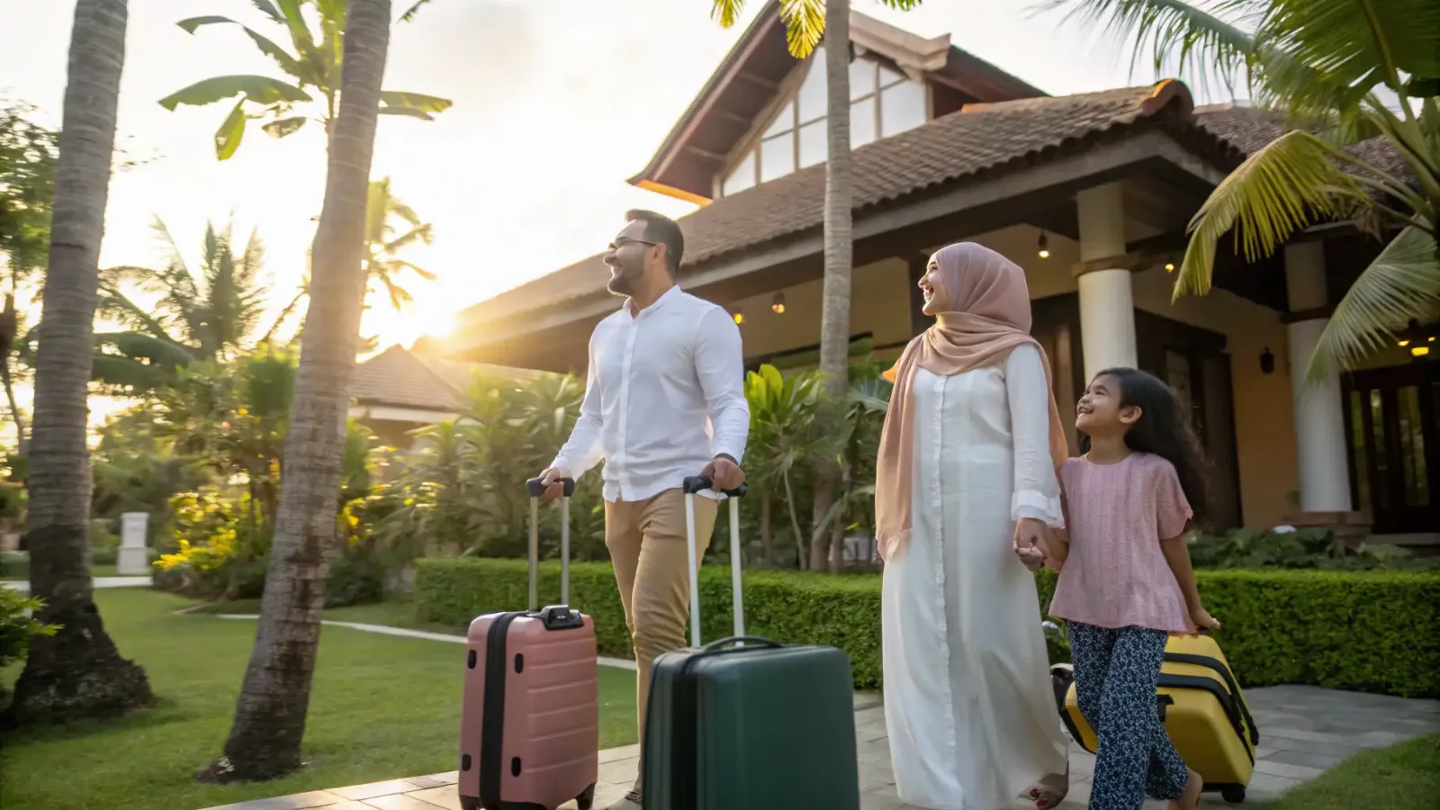 Family with suitcases arriving at their long-stay villa in Bali