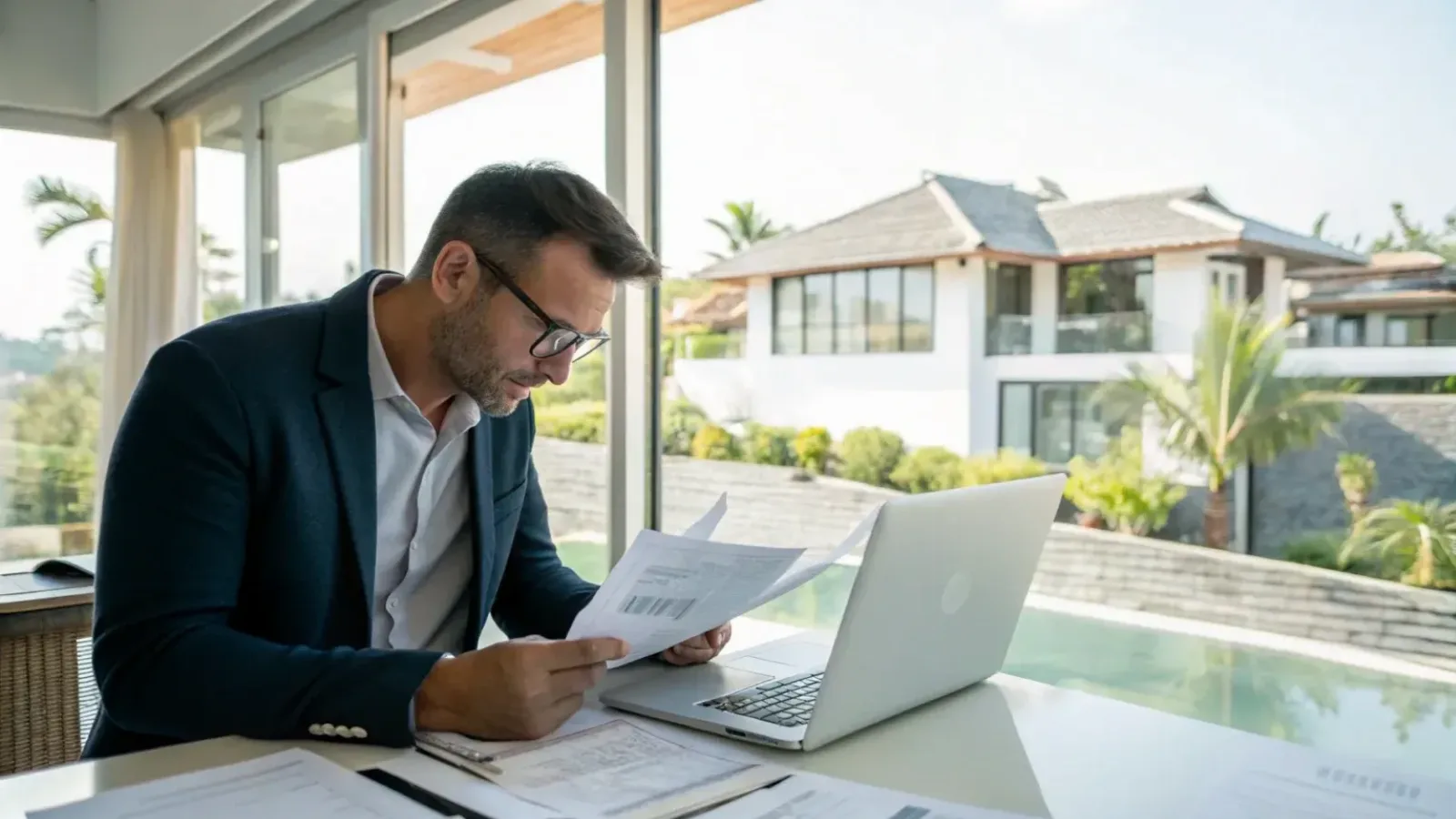 Expat reviewing immigration documents at a laptop in a Bali villa