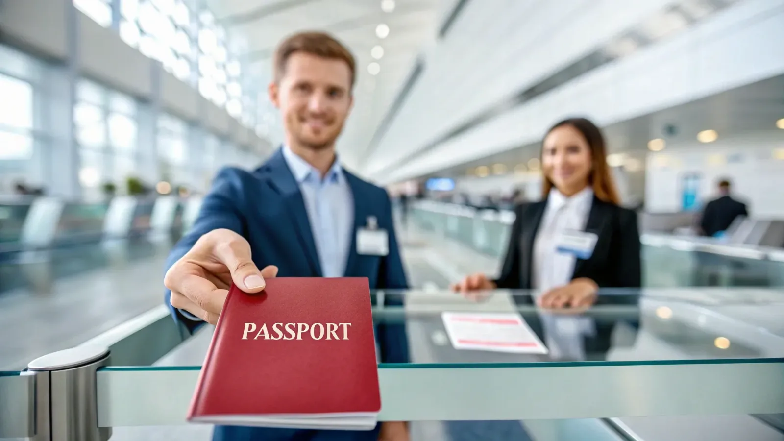 Visa agent handing over a passport at a service desk