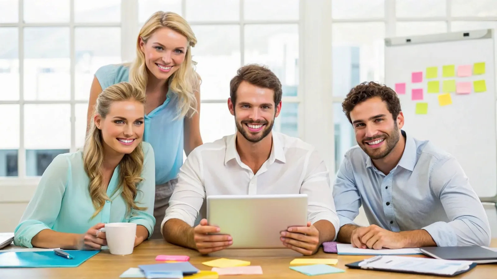 Colleagues smiling around a tablet at an office desk