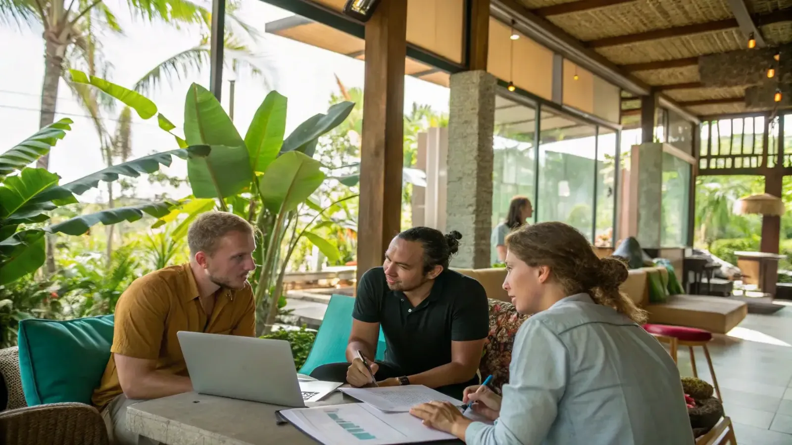 Visa concierge meeting with clients over a laptop at a tropical Bali cafe