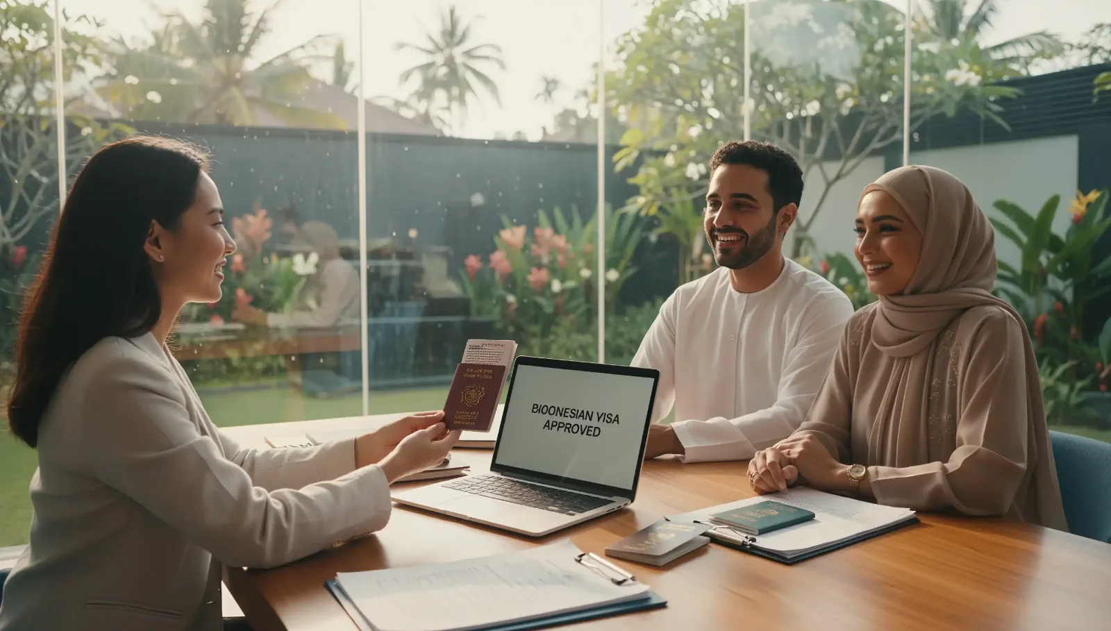 Visa agent handing a passport to a couple during a visa extension consultation