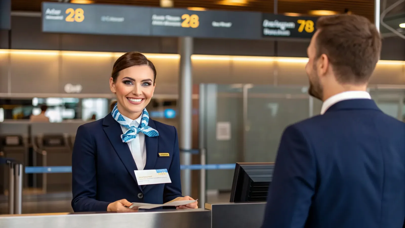Service agent assisting a foreign traveller at an airport check-in desk